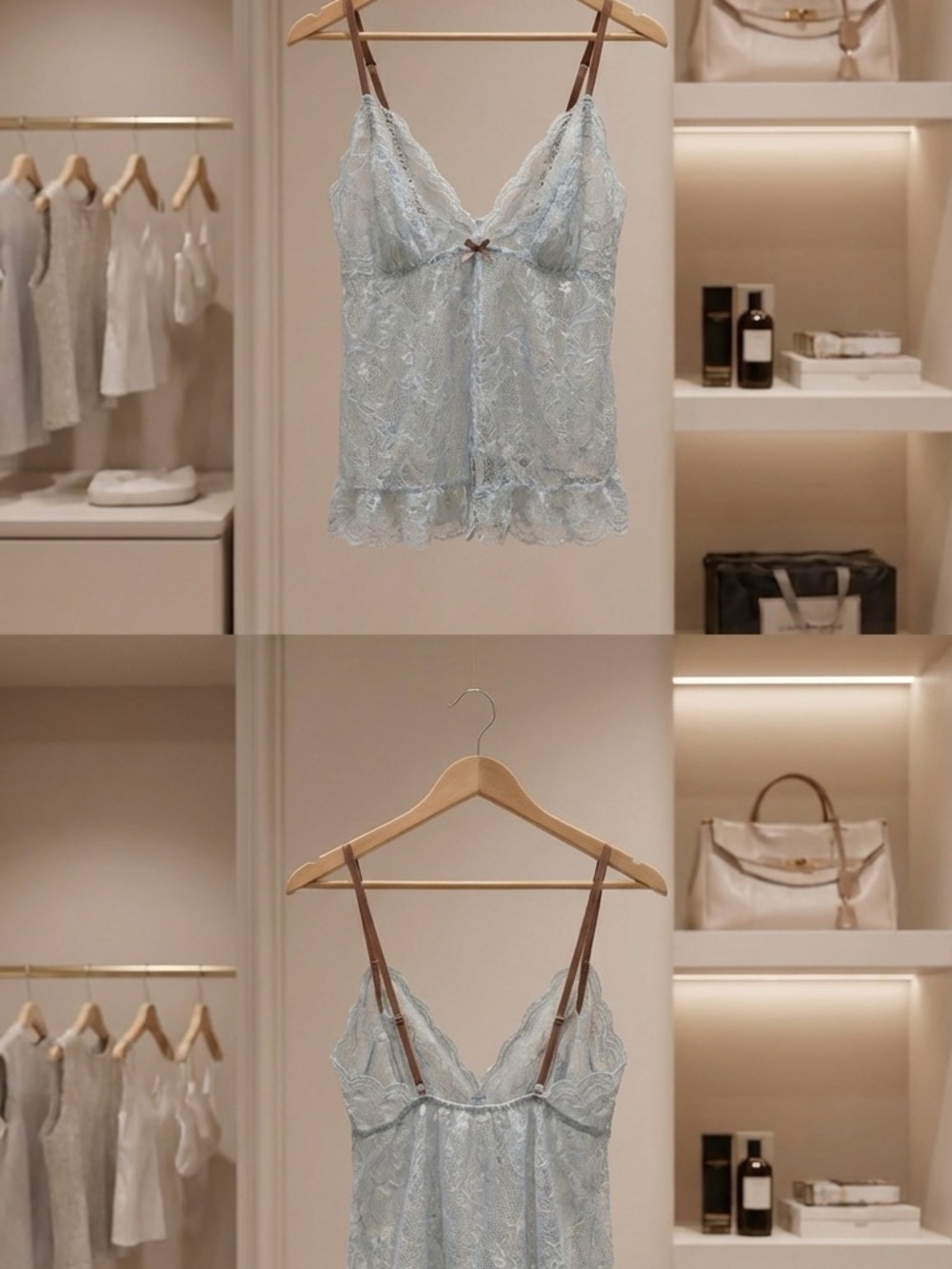Victoria's Secret Light Blue Lace Chemise with Brown Straps